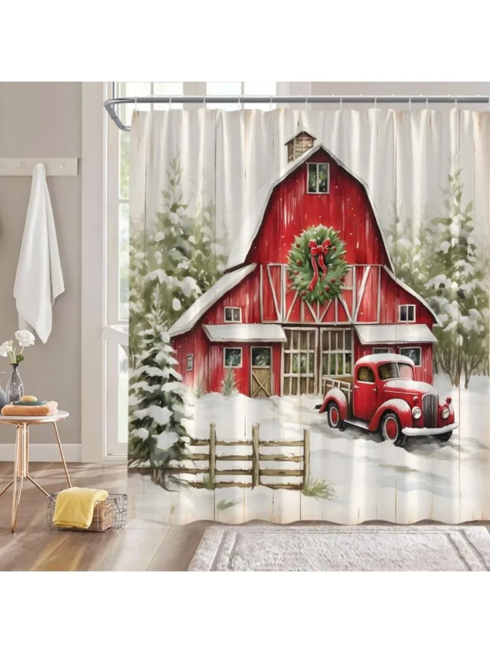Rustic Farmhouse Christmas Shower Curtain - Red Truck, Pine Trees, Snowflakes